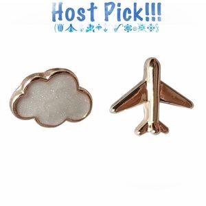 “Fly the Friendly Skies” Gold Airplane Cloud Plane Sky Dainty Cute Stud Earrings